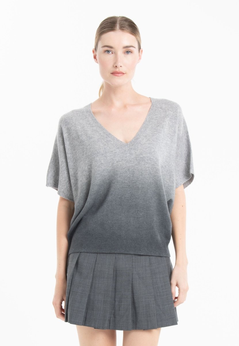 Pull col V cachemire gris clair/gris anthracite femme - RIA 7B